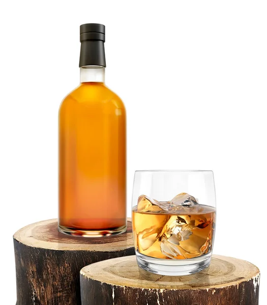 Whisky Bottle Glass Old Wood Log — Stok fotoğraf