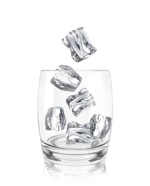 Ice Cubes Falling Glass White Background Render — Foto Stock