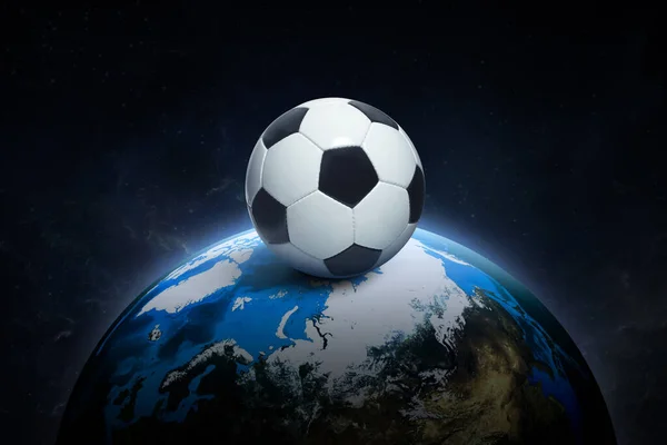 Soccer ball on, night world in outer space abstract wallpaper. 3d render