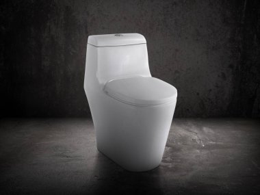 Beton zemin odasında seramik klozet ve eski beton duvar..