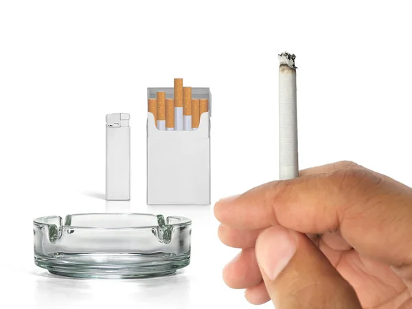 Cigarro Uma Mão Pacote Cigarro Cinzeiro Isqueiros Isolados Fundo Branco — Fotografia de Stock