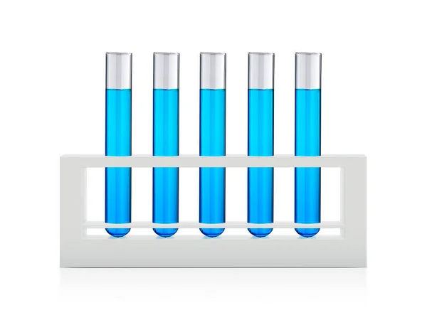 Test Tüplerindeki Mavi Sıvılar Beyaz Arkaplanda Izole Edilmiş — Stok fotoğraf