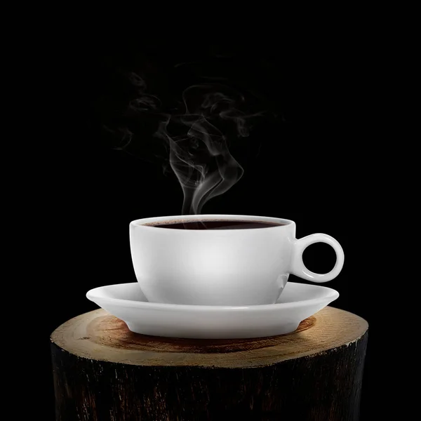 Cup Black Coffee Old Wood Log Black Background — Foto de Stock