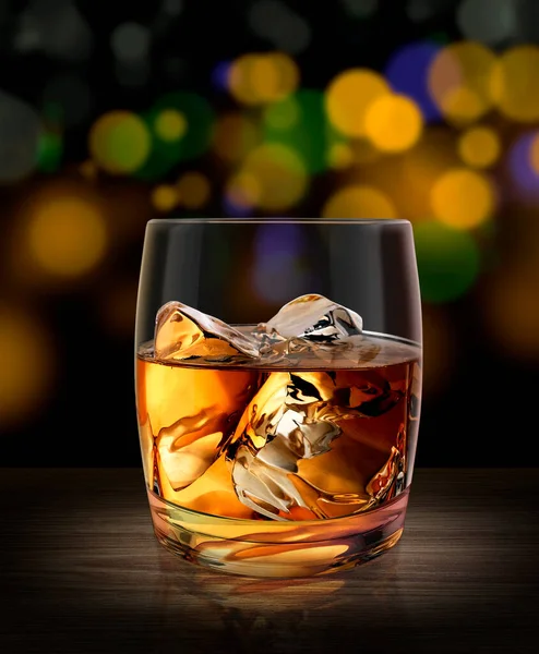 Glass Whiskey Wooden Table Bar Background Abstract Bokeh Lights Soft — 스톡 사진