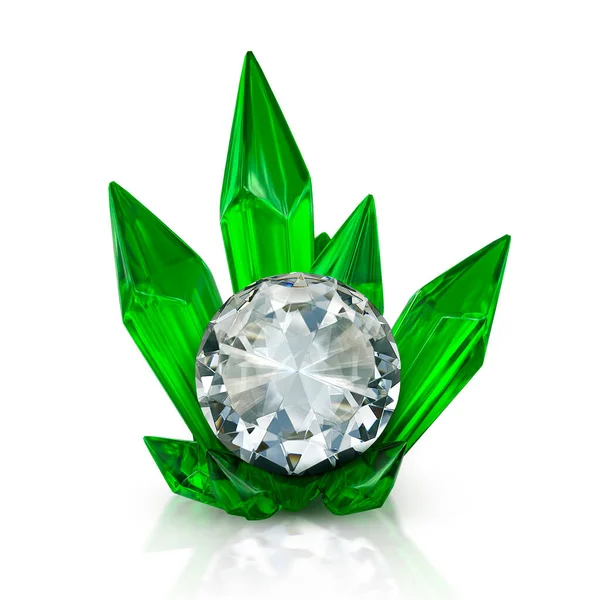 Алмаз Изумрудно Зеленом Кристалле Изолирован Белом Фоне Рендеринг — стоковое фото
