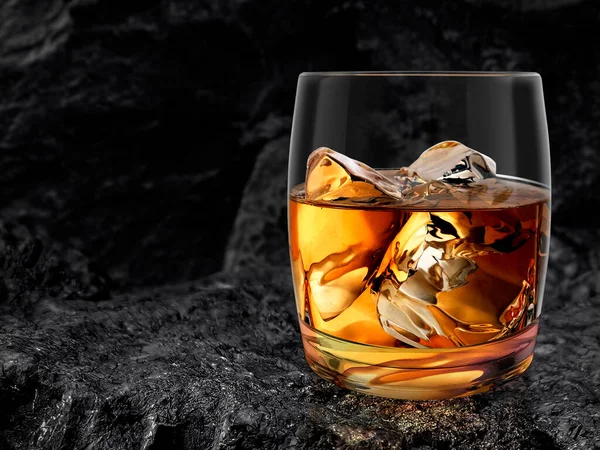 Glass Whiskey Nestled Black Coal Background Render — 스톡 사진