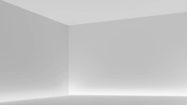 Beyaz duvarları, zemini ve tavanı olan boş bir oda ve aydınlatma için tavanı olan, 3D görüntüleme