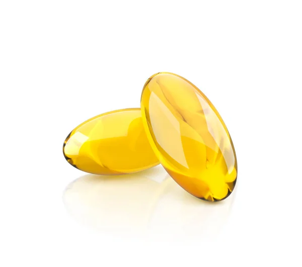 A, E, Omega 3 ya da kolajenin altın yağ kapsülü. Balık yağı ya da organik kozmetik yağlı tıbbi hapların gerçekçi bir maketi. Şeffaf arkaplanda izole edilmiş sarı tabletleri temizle. 3d yırtılması