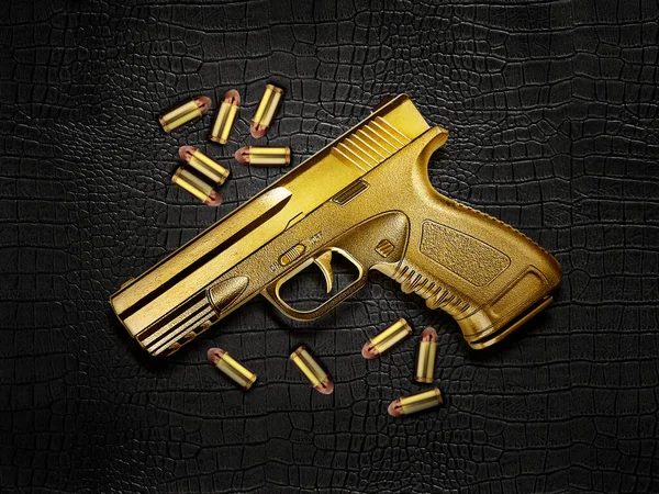 Gun Goud Metaal Kogels Een Zwarte Lederen Achtergrond — Stockfoto