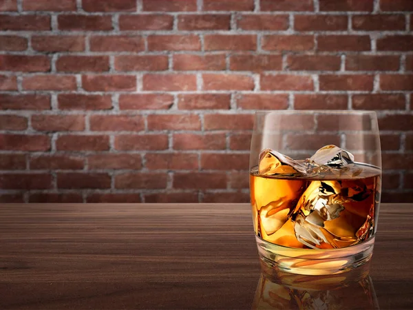 Whiskey Glass Wood Counter Red Brick Background — Stock Photo, Image