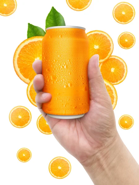 Mano Alluminio Arancione Soda Può Con Frutta Sfondo Bianco — Foto Stock