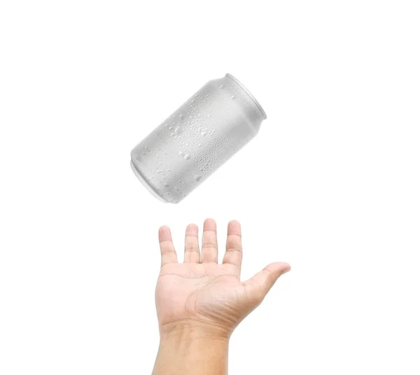 Latas Refrigerantes Mão Masculina Sobre Fundo Branco — Fotografia de Stock