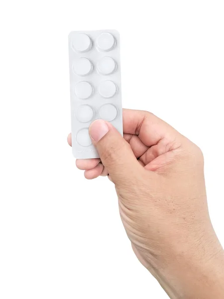 Mão Segurando Drogas Médicas Fundo Branco Conceito Farmácia Medicina — Fotografia de Stock