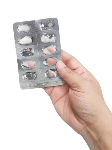 Mão Segurando Medicamentos Pacote Pílulas Usadas Conceito Farmácia Medicina — Fotografia de Stock