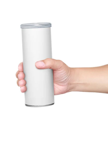Latas Embalagem Para Lanche Produto Mão Homem Sobre Fundo Branco — Fotografia de Stock