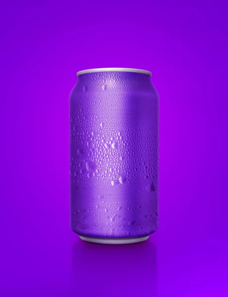Purple Aluminum Cans Water Droplets Purple Background — Zdjęcie stockowe