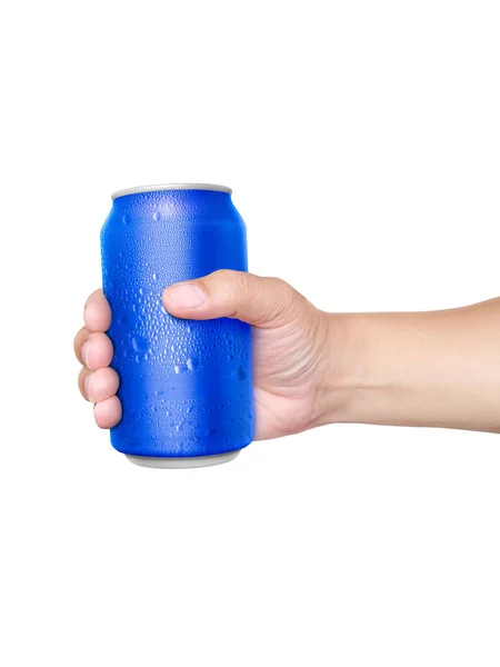 Man Holding Aluminum Can Water Droplets Isolated White Background — Stock fotografie