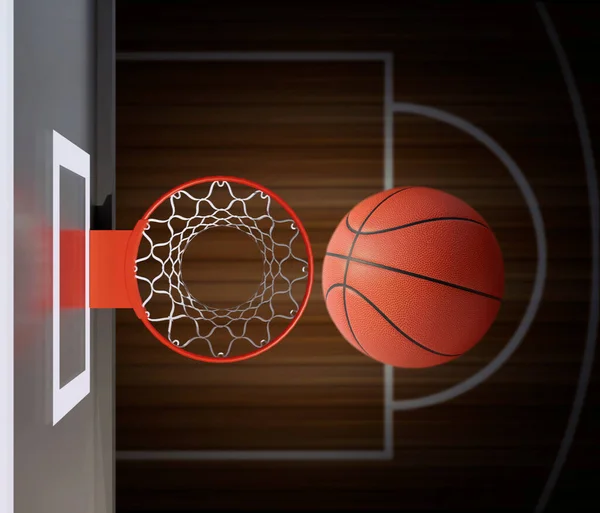 Player Throws Basketball Net Trying Get Score Top View Render — Foto de Stock