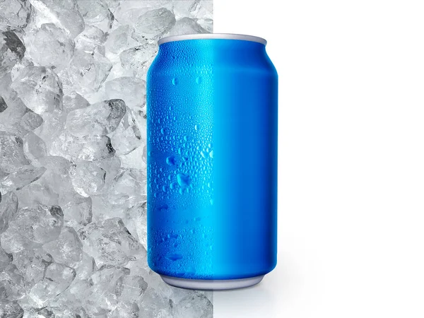 Aluminum Can Water Droplets Ice Cubes Background Concept Refreshing Drink — Fotografia de Stock