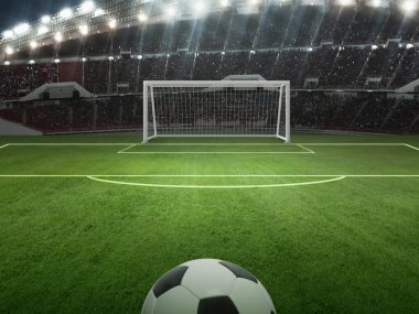 Futbol stadyumundaki yeşil sahada. Oyun için hazır