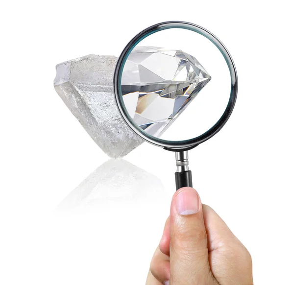 Expert Examines Magnifying Glass Searching Value Diamond — 스톡 사진