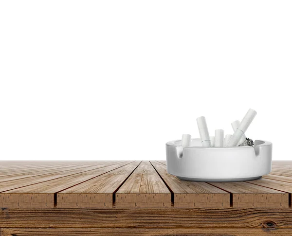 Popelník Plný Nedopalků Cigaret Dřevěném Stole Bílém Pozadí — Stock fotografie