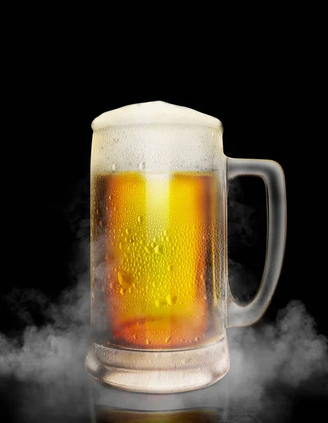 Beer Glass Water Drops White Color Smoke Dark Background Render — Stock fotografie