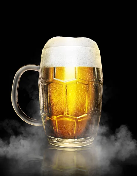 Beer Glass Water Drops White Color Smoke Dark Background Render — Stock Fotó