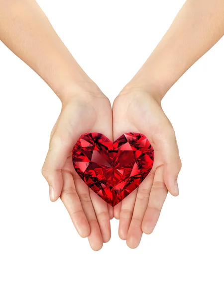 Beautiful Woman Hand Holding Red Heart Shaped Diamond White Isolated — Fotografia de Stock