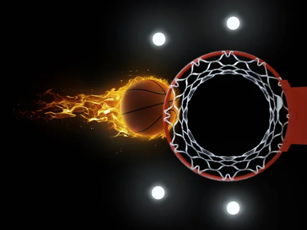 Ilustración Bola Baloncesto Ardiente Volando Aro Sobre Fondo Negro — Foto de Stock