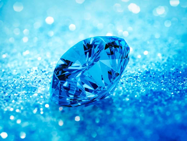 Blauer Schillernder Diamant Auf Blau Glänzendem Bokeh Hintergrund Konzept Zur — Stockfoto