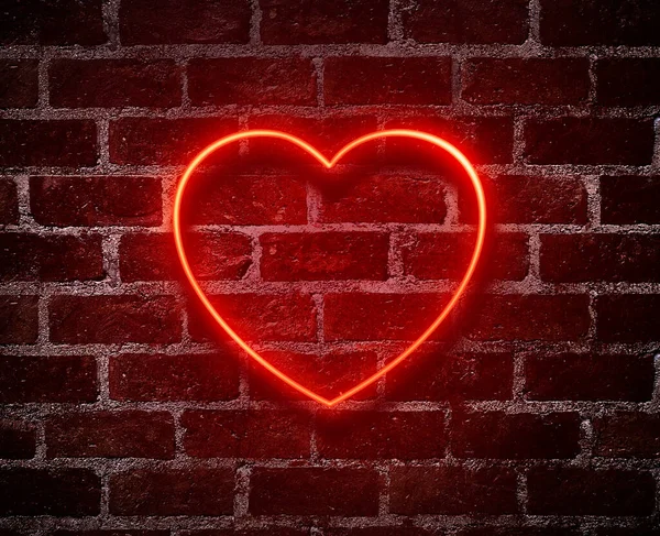 Bright hearts neon sign.Retro red brick wall background background.Happy Valentine's Day design