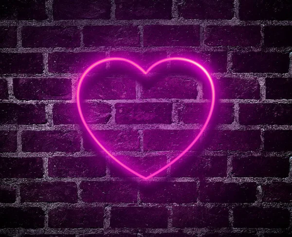 Bright hearts neon sign.Retro red brick wall background background.Happy Valentine\'s Day design