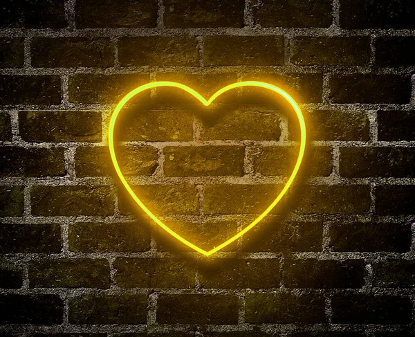 Bright hearts neon sign.Retro red brick wall background background.Happy Valentine\'s Day design