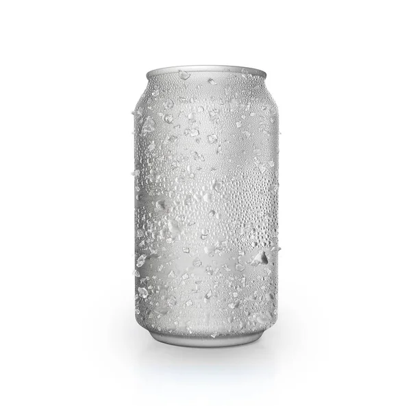 Latas Com Gotas Água Gelo Isolado Sobre Fundo Branco — Fotografia de Stock