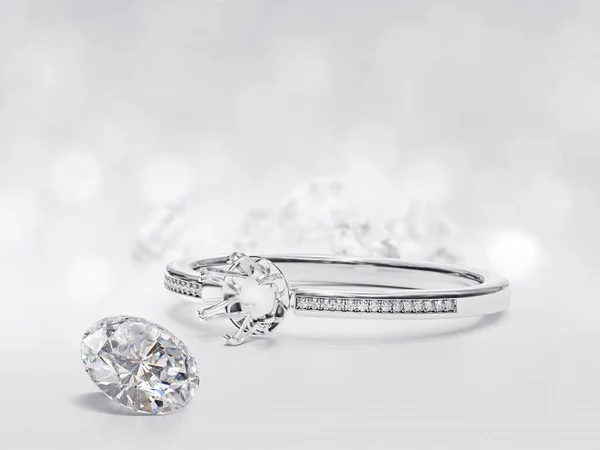 White Gold Silver Ring Gemstone Diamond Reflection White Background Render — Stockfoto