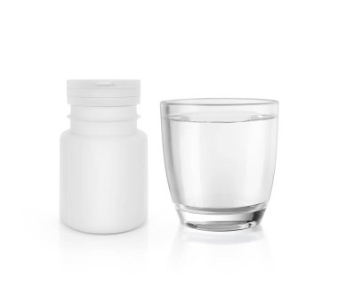 Reçetede bir bardak su ve boş bir plastik ilaç şişesi var. 3d hazırlayıcı