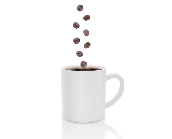 Coffee Cup Smoke Falling Coffee Beans White Background — Foto de Stock