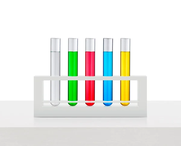 Colored Liquids Tubes Test Tube White Wooden Table — Photo