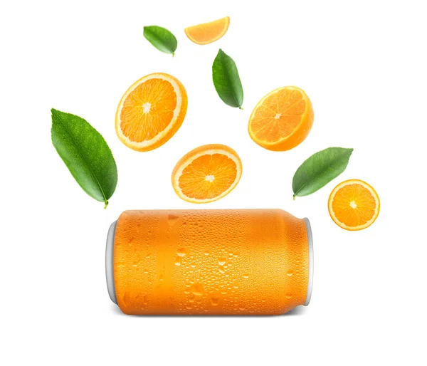 Aluminum Orange Soda Can Falling Juicy Oranges Green Leaves Isolated — Foto Stock