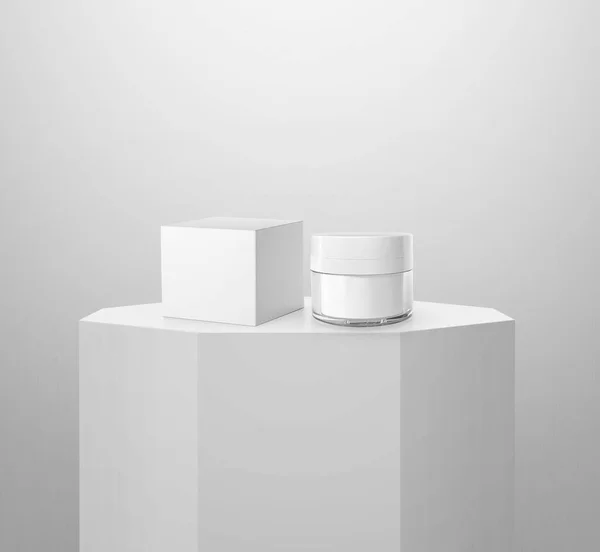 Cosmetic Jar Packaging Box Mockup Shiny White Pedestal Podium — Foto Stock