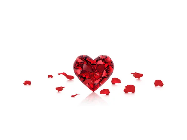 Red Heart Shaped Diamond Rose Petals White Background Valentines Day — Foto de Stock