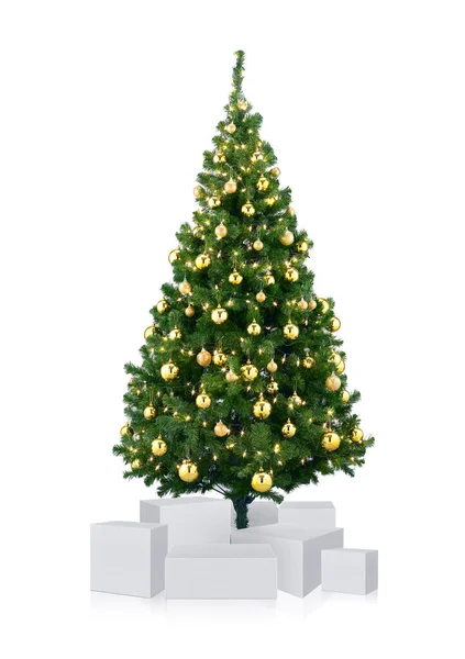 Decorated Christmas Tree Box Isolated White Background — Photo