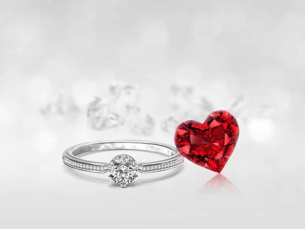 Diamond Ring Red Heart Shaped Diamond White Diamonds Background Reflecting — Φωτογραφία Αρχείου