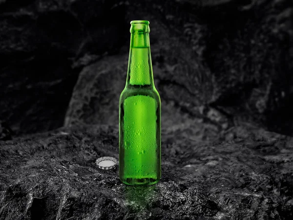 Green Beer Bottle Dropper Black Coal Background — стоковое фото