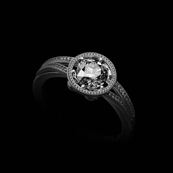 Anillo Diamante Aislado Sobre Fondo Negro Renderizado — Foto de Stock