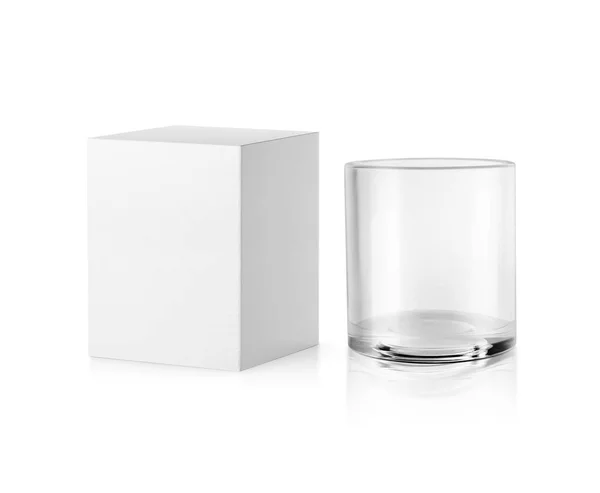 Empty Water Glass Blank Packaging White Cardboard Box White Background — 图库照片