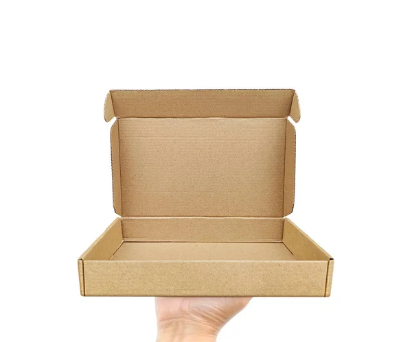 Empty Cardboard Box Copy Space Male Hands White Background —  Fotos de Stock