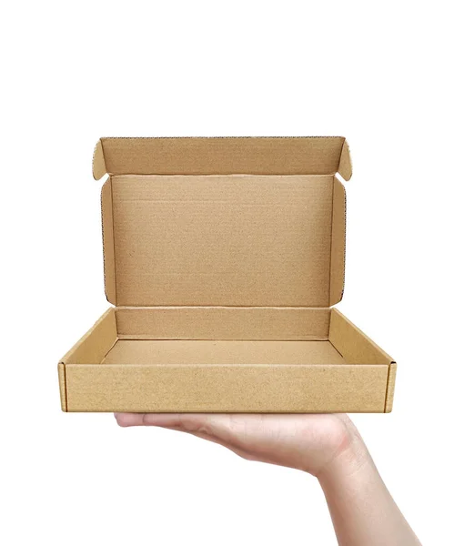 Empty Cardboard Box Copy Space Male Hands White Background — Zdjęcie stockowe