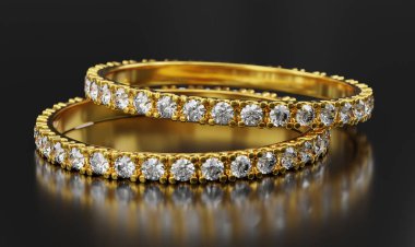 gold diamond ring on black background. 3d render